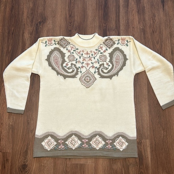 Dana Scott Sweaters - Dana Scott Sweater Cream Floral Green Pink Beige Large